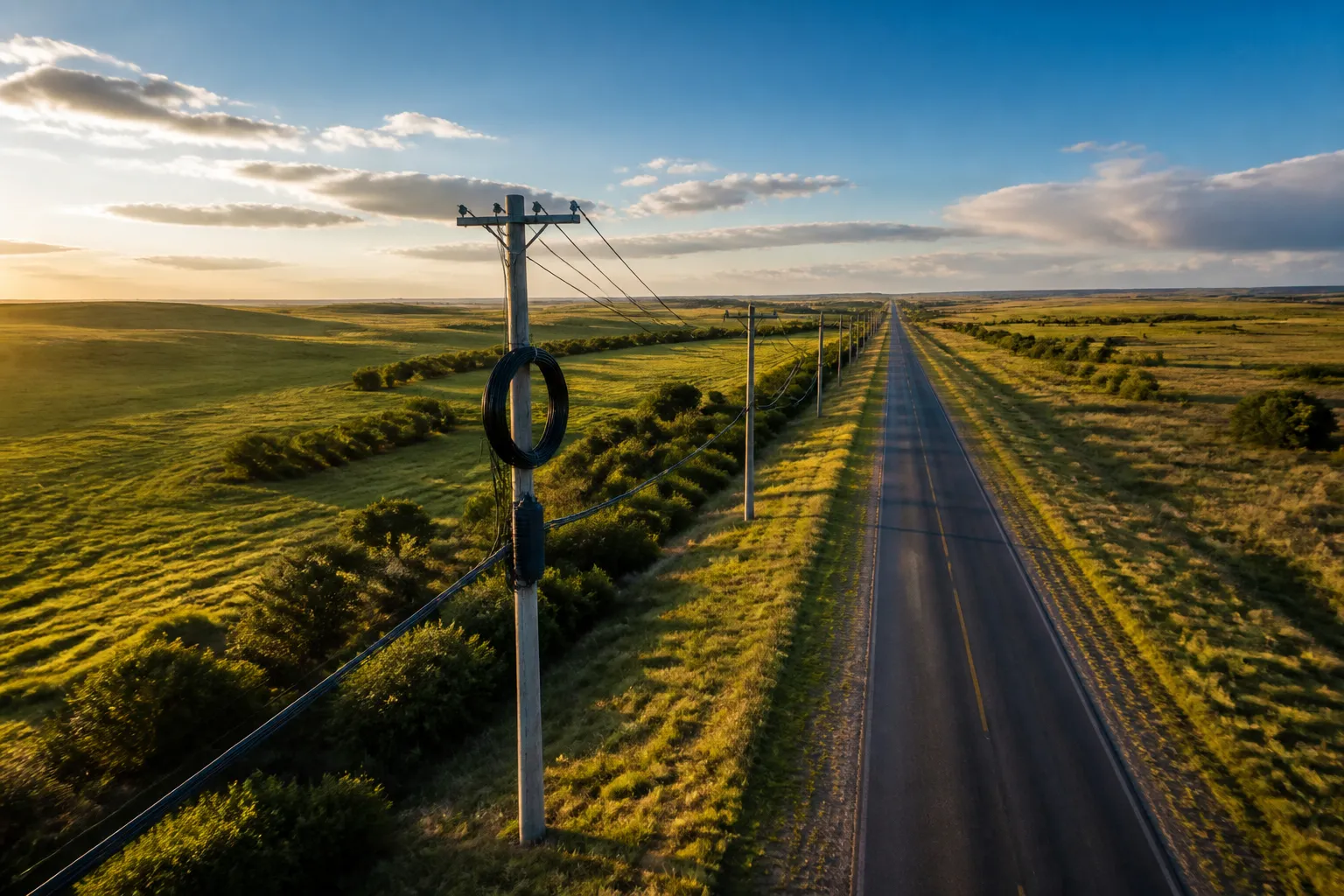 Fiber optic infrastructure running through rural countryside at golden hour